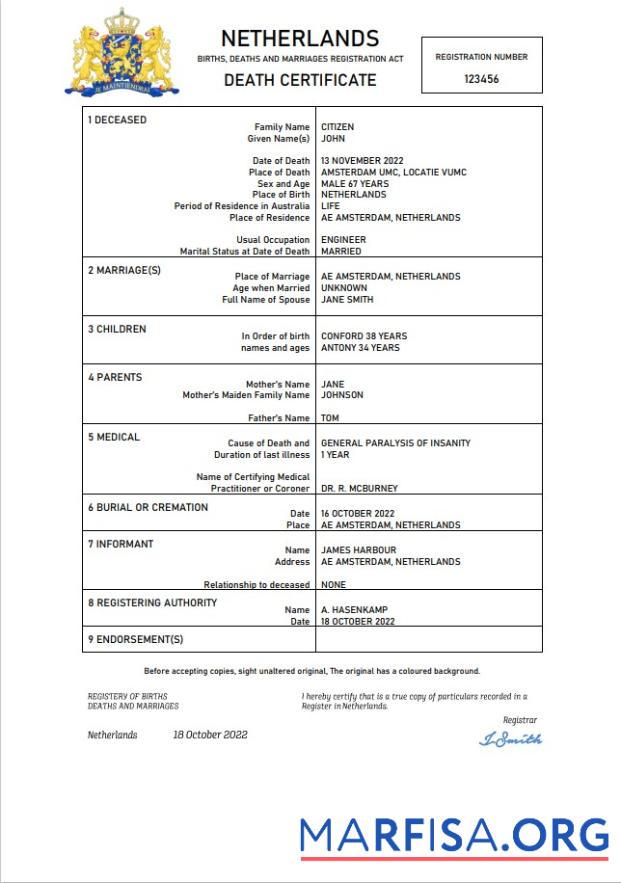 Printable Netherlands vital record death certificate Word and PDF template